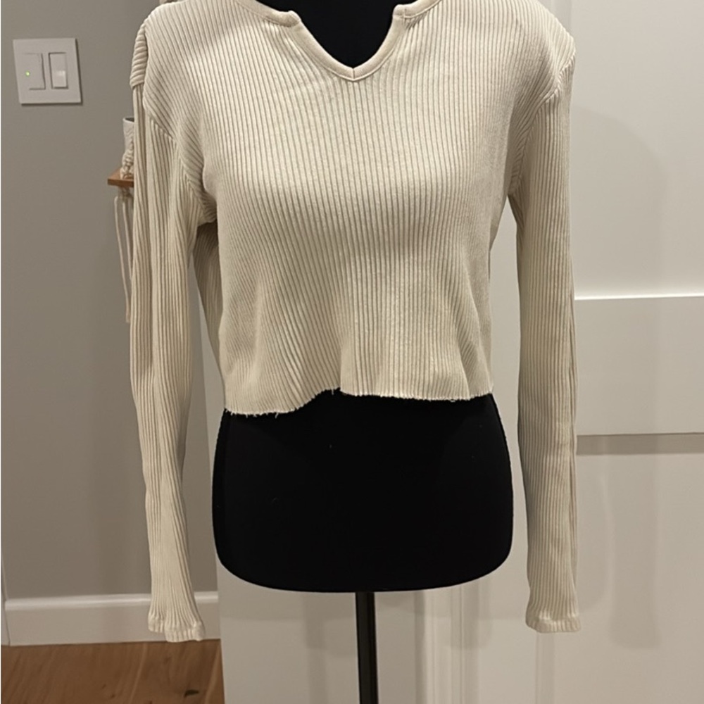 Cream Ribbed long sleeve Top